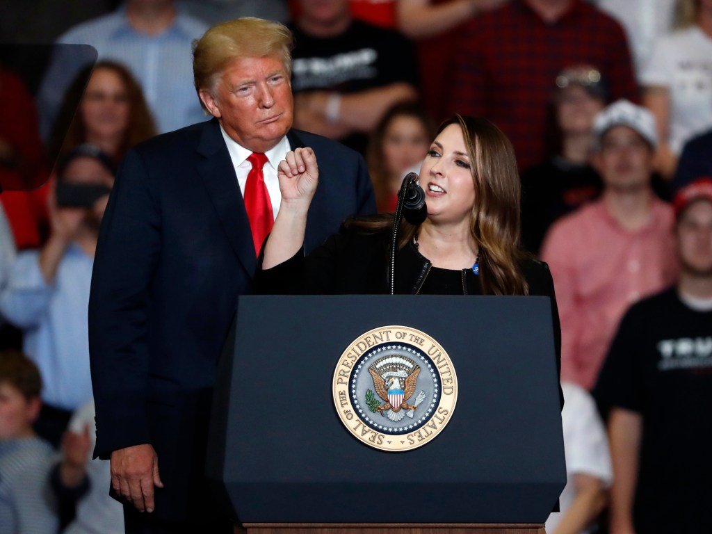 President Donald Trump and Republican National Committee Chair Ronna McDaniel speaking at a campaign rally in Cape Girardeau, MO, in 2018.