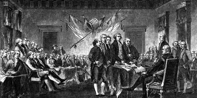 This undated engraving shows the scene on July 4, 1776, when the Declaration of Independence, drafted by Thomas Jefferson, Benjamin Franklin, John Adams, Philip Livingston and Roger Sherman, was approved by the Continental Congress in Philadelphia. 