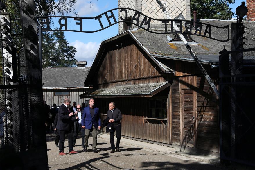 Actor and former California Governor Arnold Schwarzenegger visits former Nazi German concentration camp Auschwitz-Birkenau, near Oswiecim, Poland September 28, 2022.