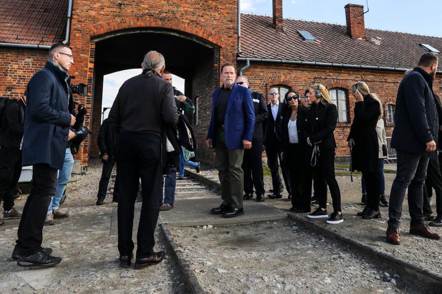 Schwarzenegger visits former Nazi German concentration camp Auschwitz-Birkenau, near Oświęcim, Poland, Sept, 28, 2022.