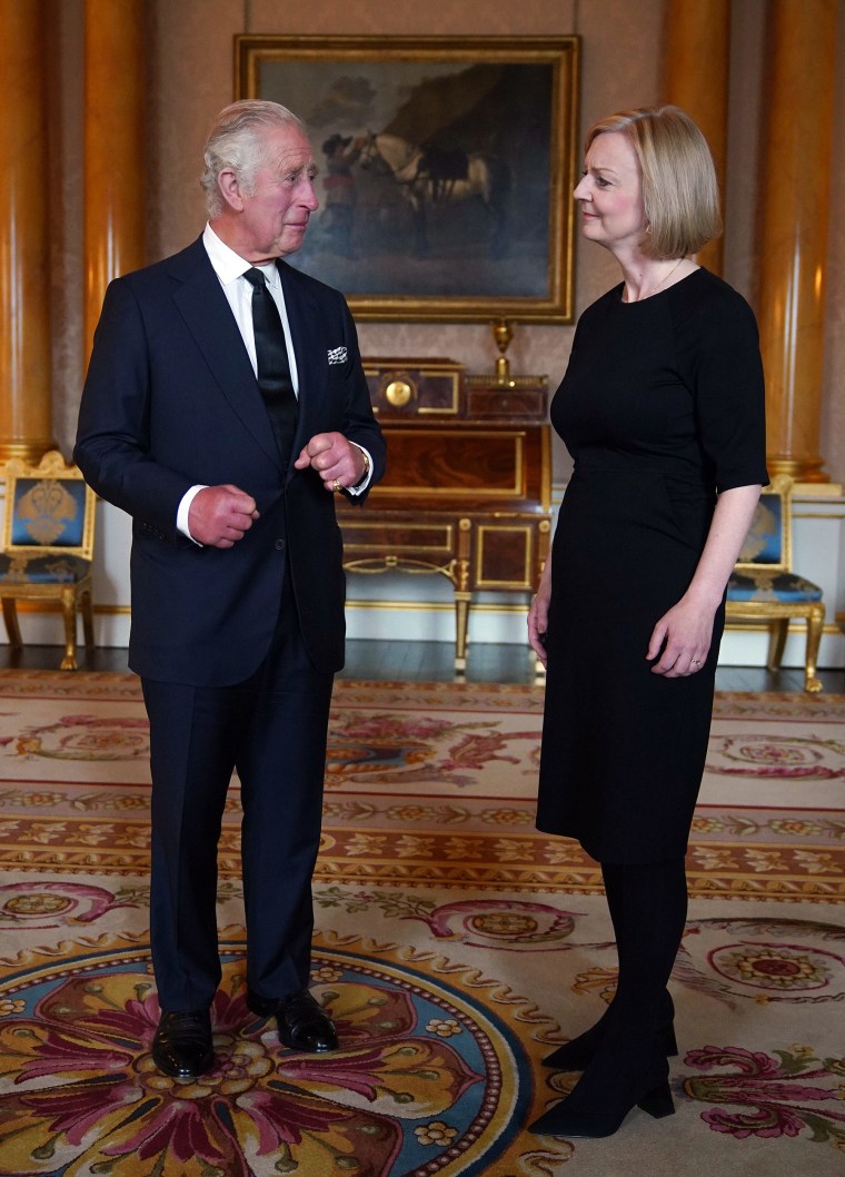 King Charles III appeared to also have swollen hands during his first audience with Prime Minister Liz Truss at Buckingham Palace in London on September 9, 2022.
