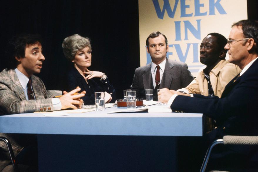 From left to right: Harry Shearer as Dick Drake, Jane Curtin as Countess Luciana Palermo, Bill Murray as Paul Heverly, Garrett Morris as Leon Satin, Buck Henry as Hugh Gaffney during "Week In Review" skit on May 24, 1980.