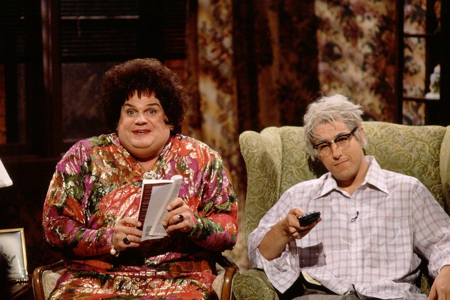 From left to right: Chris Farley as Beverly Gelfand, Adam Sandler as Hank Gelfand during the "Zagat's" skit on February 25, 1995.